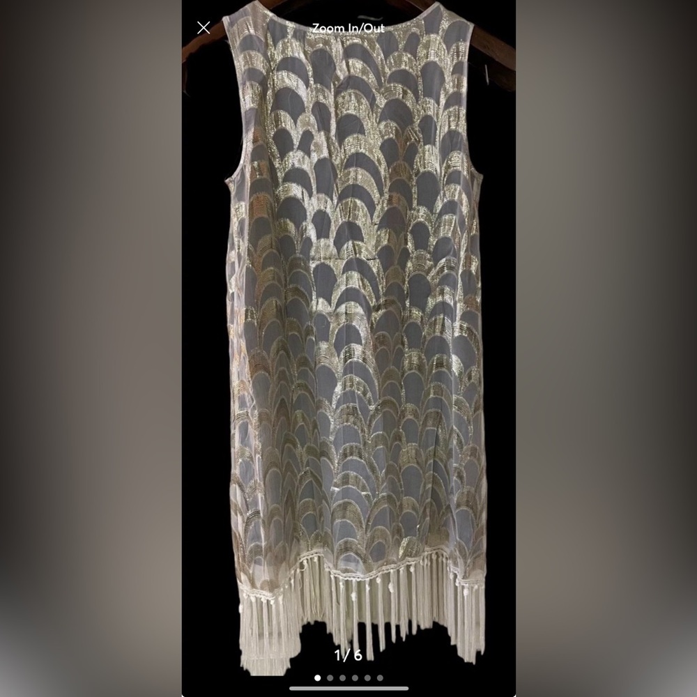 Rancho Estancia Silk White Gold Metallic Sleeveless Fringed Flapper Dress L